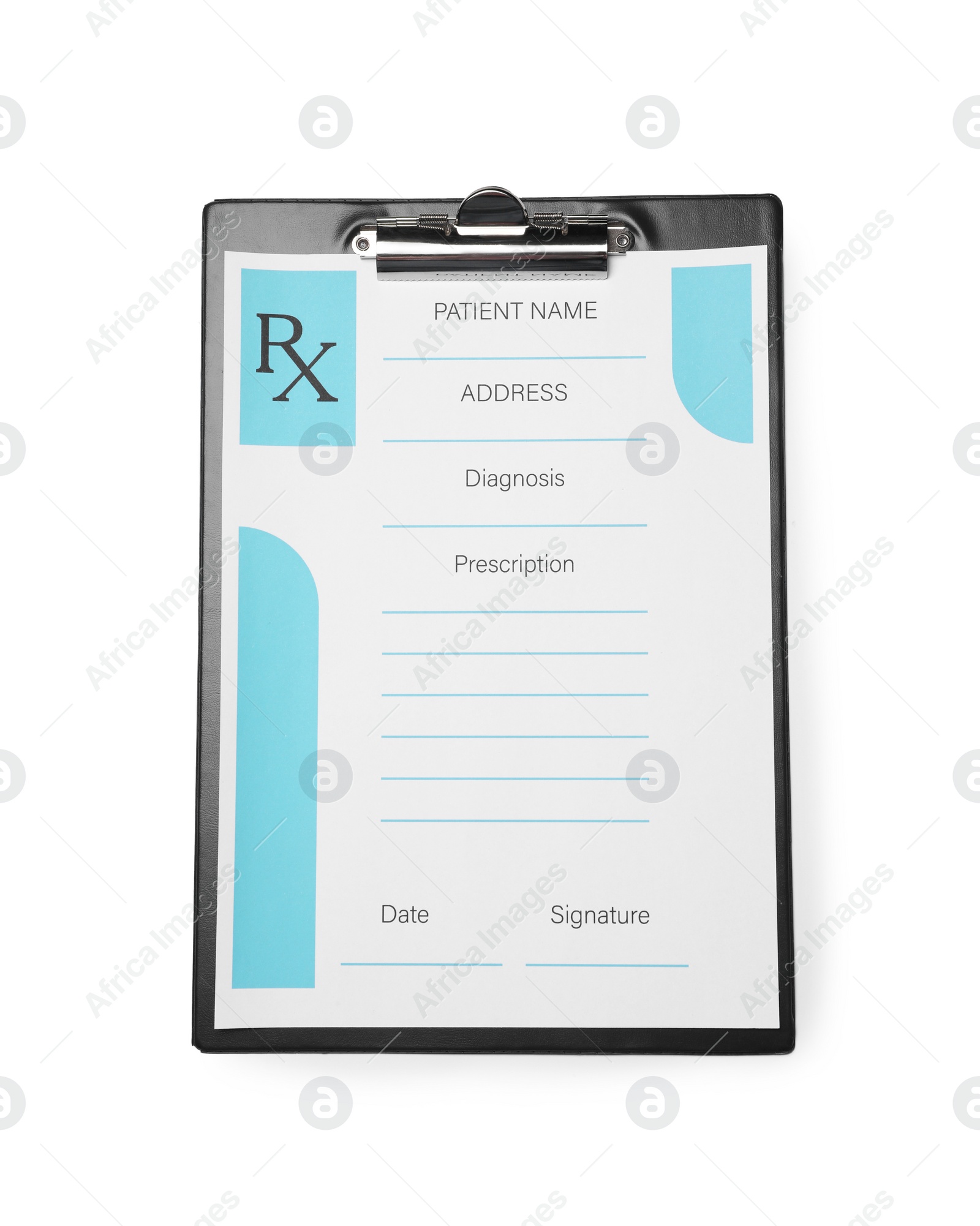 Photo of Clipboard with medical prescription form isolated on white, top view