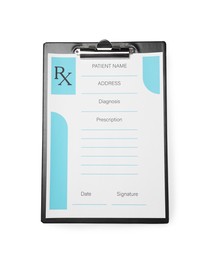 Photo of Clipboard with medical prescription form isolated on white, top view