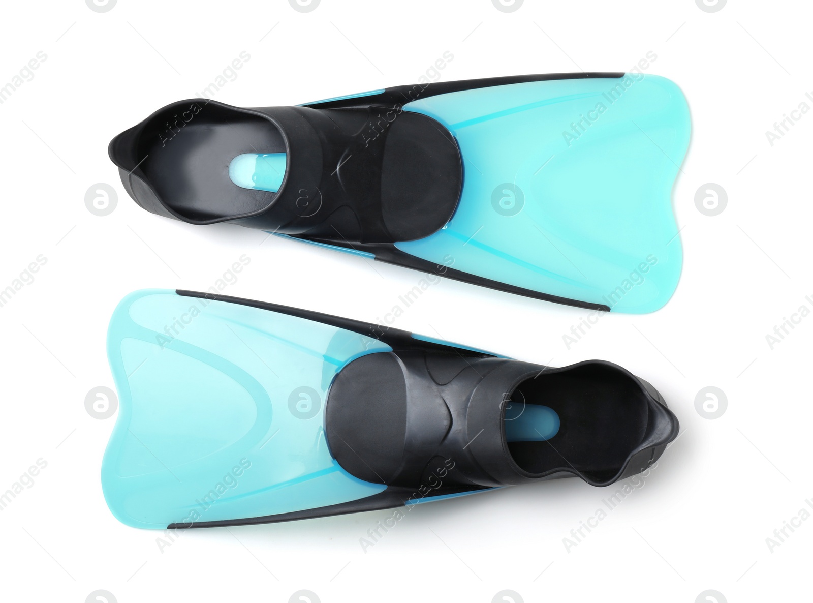 Photo of Pair of blue flippers on white background, top view