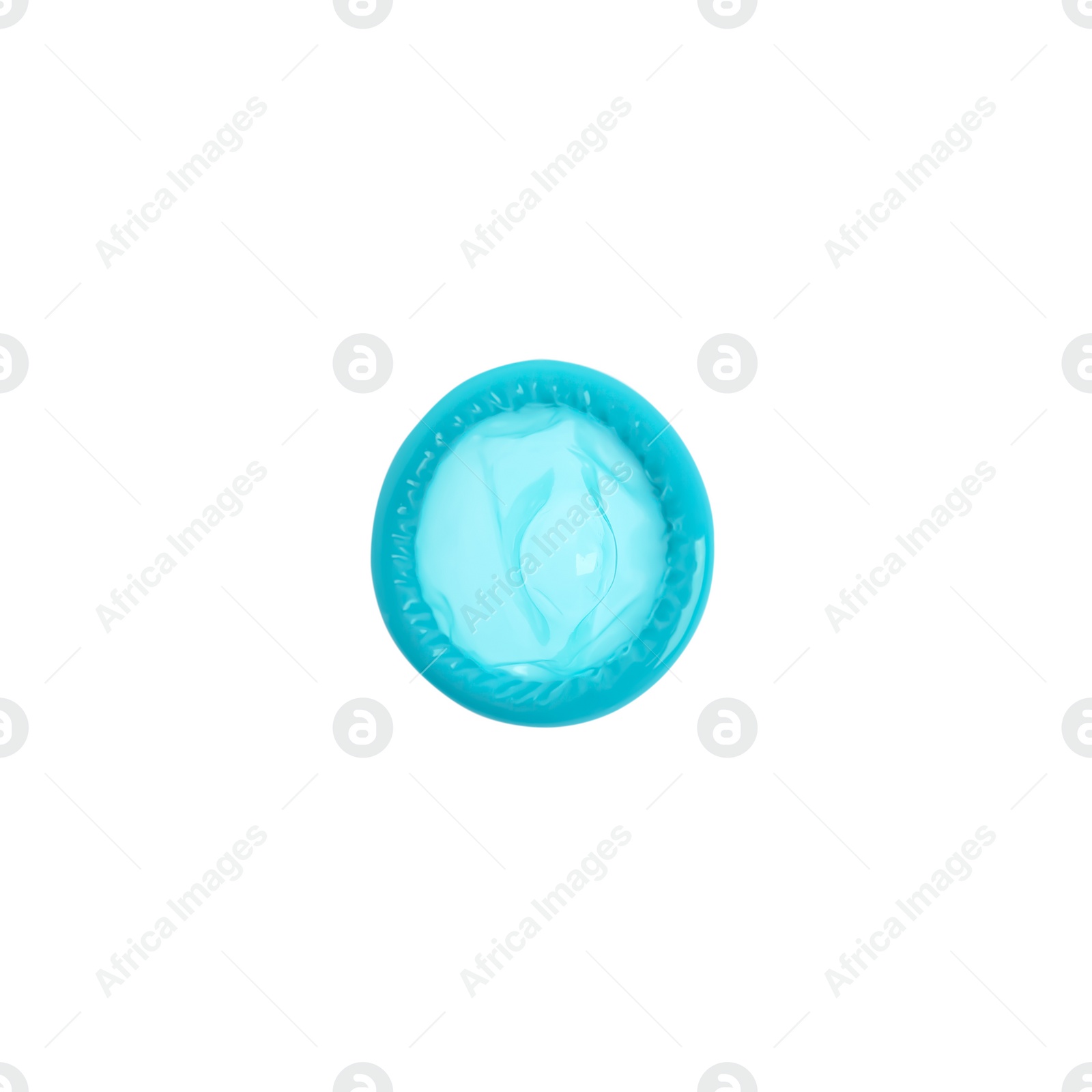 Photo of Unpacked turquoise condom isolated on white, top view. Safe sex