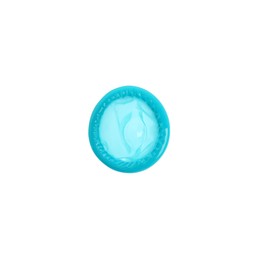 Photo of Unpacked turquoise condom isolated on white, top view. Safe sex