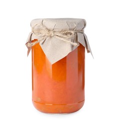 Jar of delicious pumpkin jam isolated on white