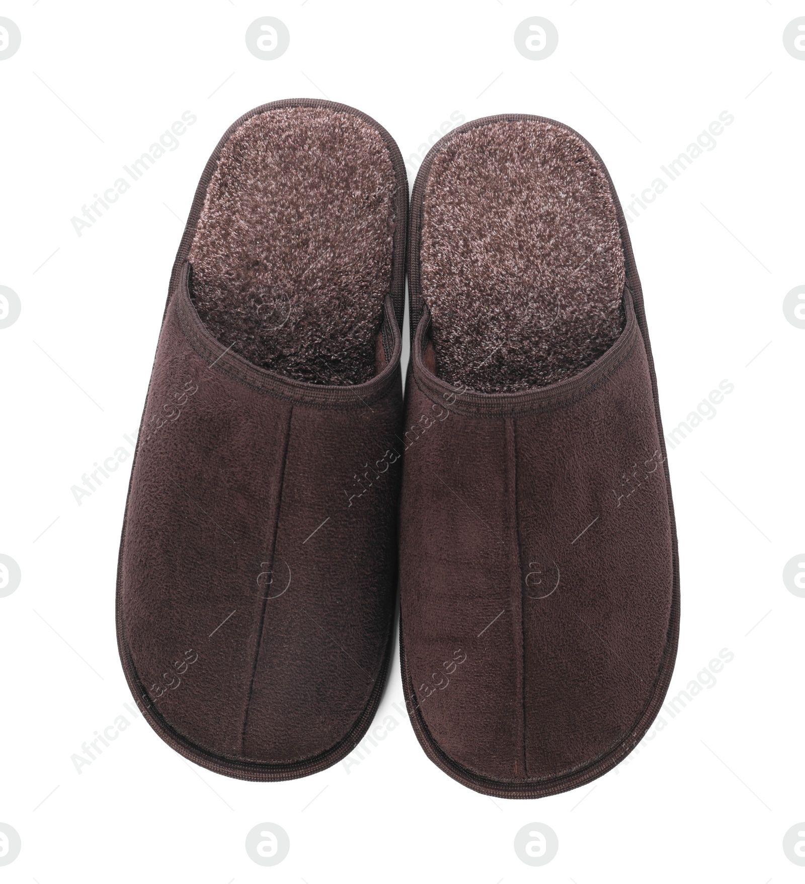 Photo of Pair of soft slippers isolated on white, top view