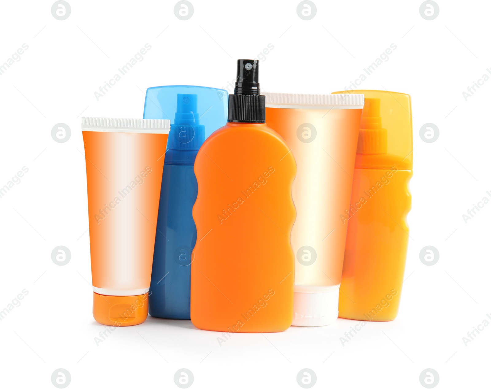 Photo of Sun protection products on white background. Body care