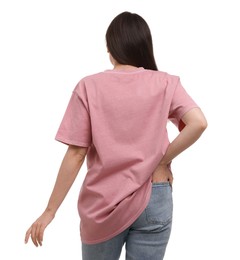 Woman in stylish pink t-shirt on white background, back view