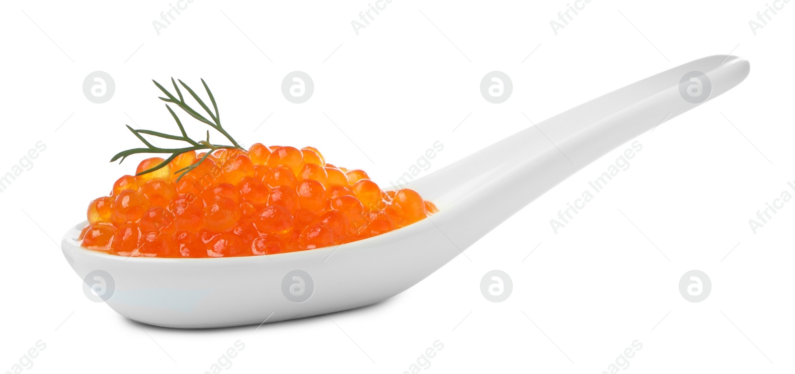 Photo of Spoon with delicious red caviar and dill isolated on white