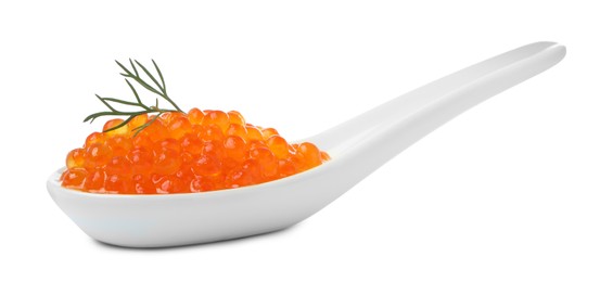 Photo of Spoon with delicious red caviar and dill isolated on white