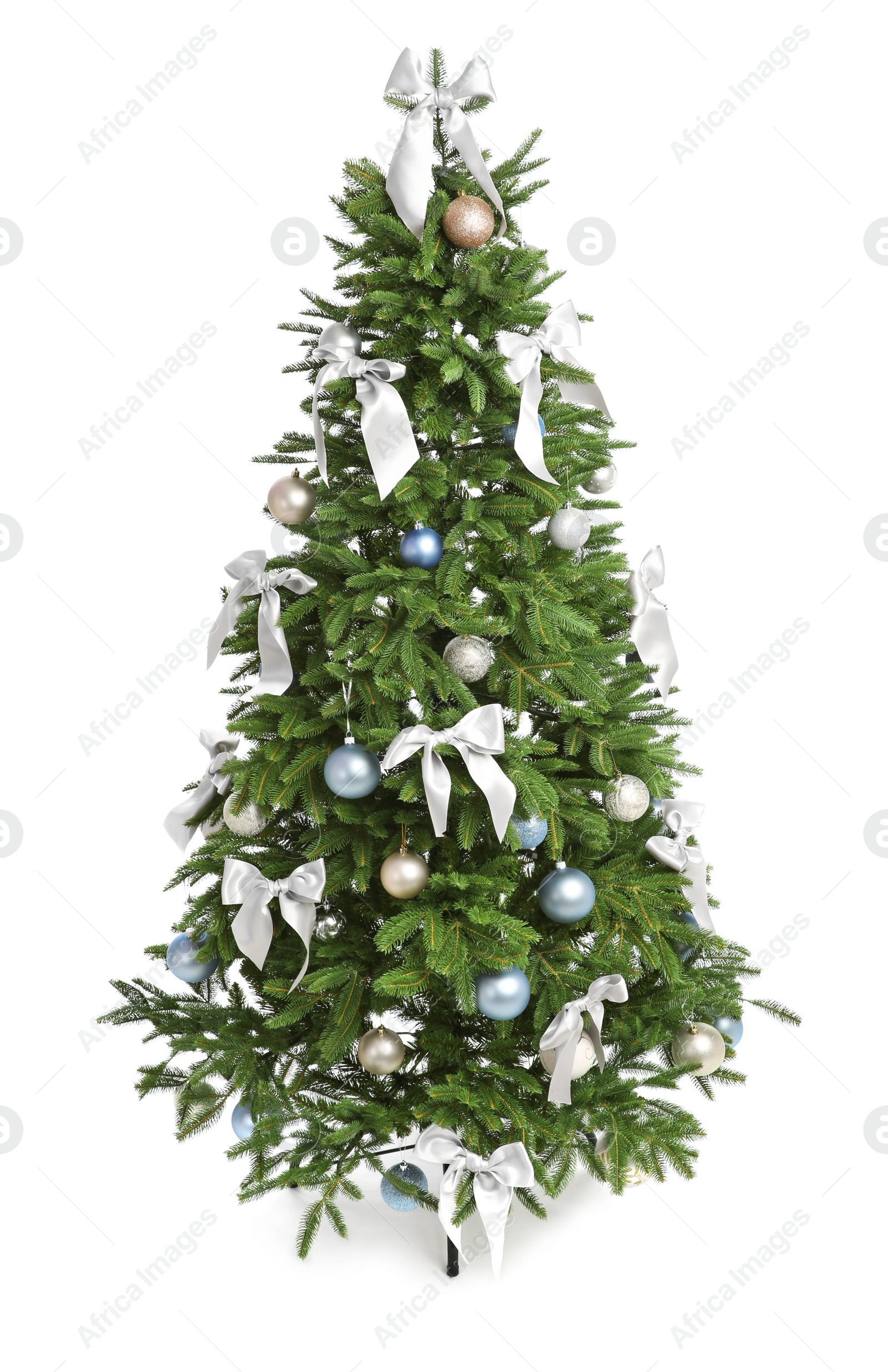 Photo of Beautifully decorated Christmas tree on white background