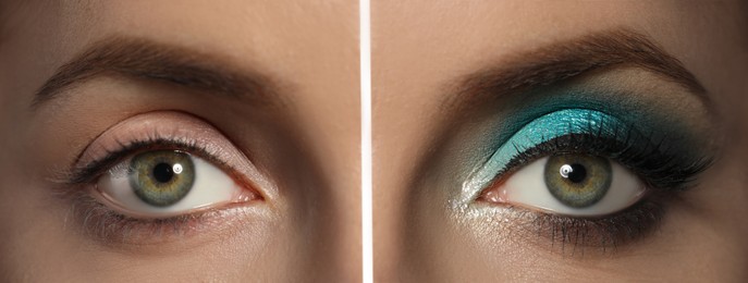Image of Closeup view of beautiful young woman with and without makeup, collage. Eye shadow product