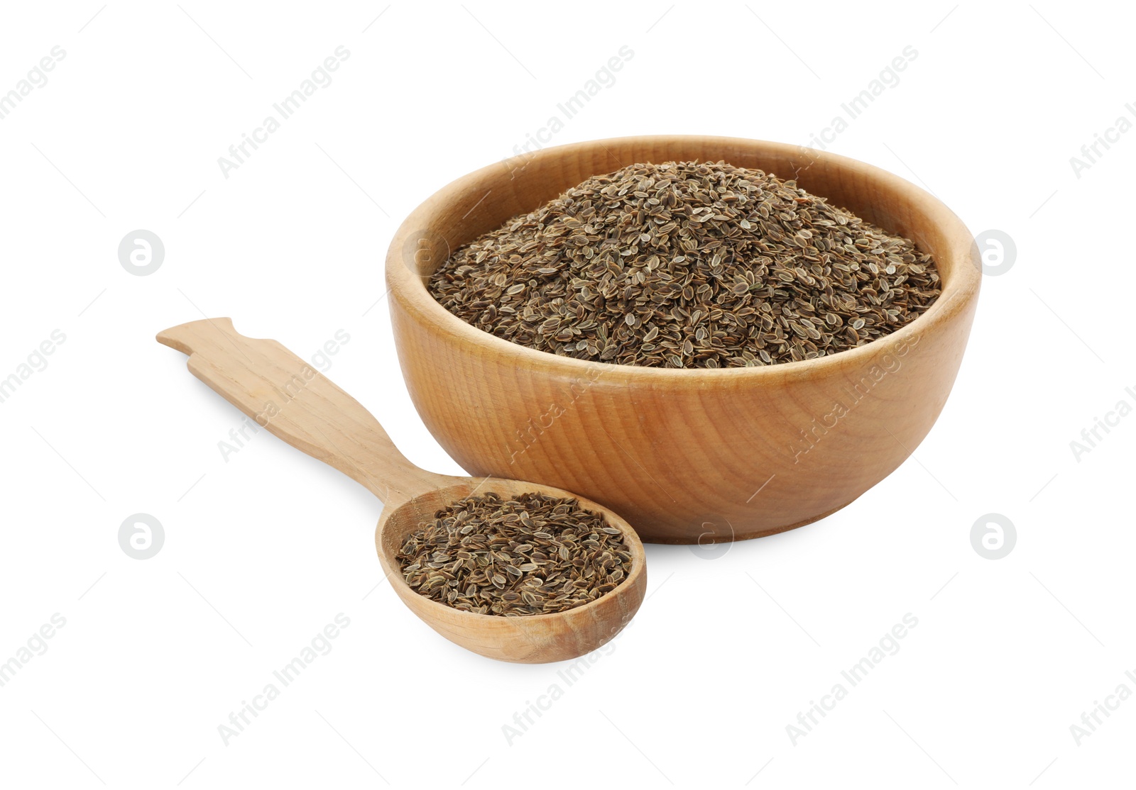 Photo of Bowl and spoon of dry dill seeds isolated on white