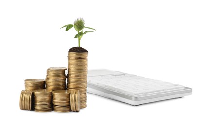 Photo of Stacks of coins with flower and calculator isolated on white. Investment concept