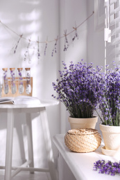 Photo of Beautiful lavender flowers on window sill indoors