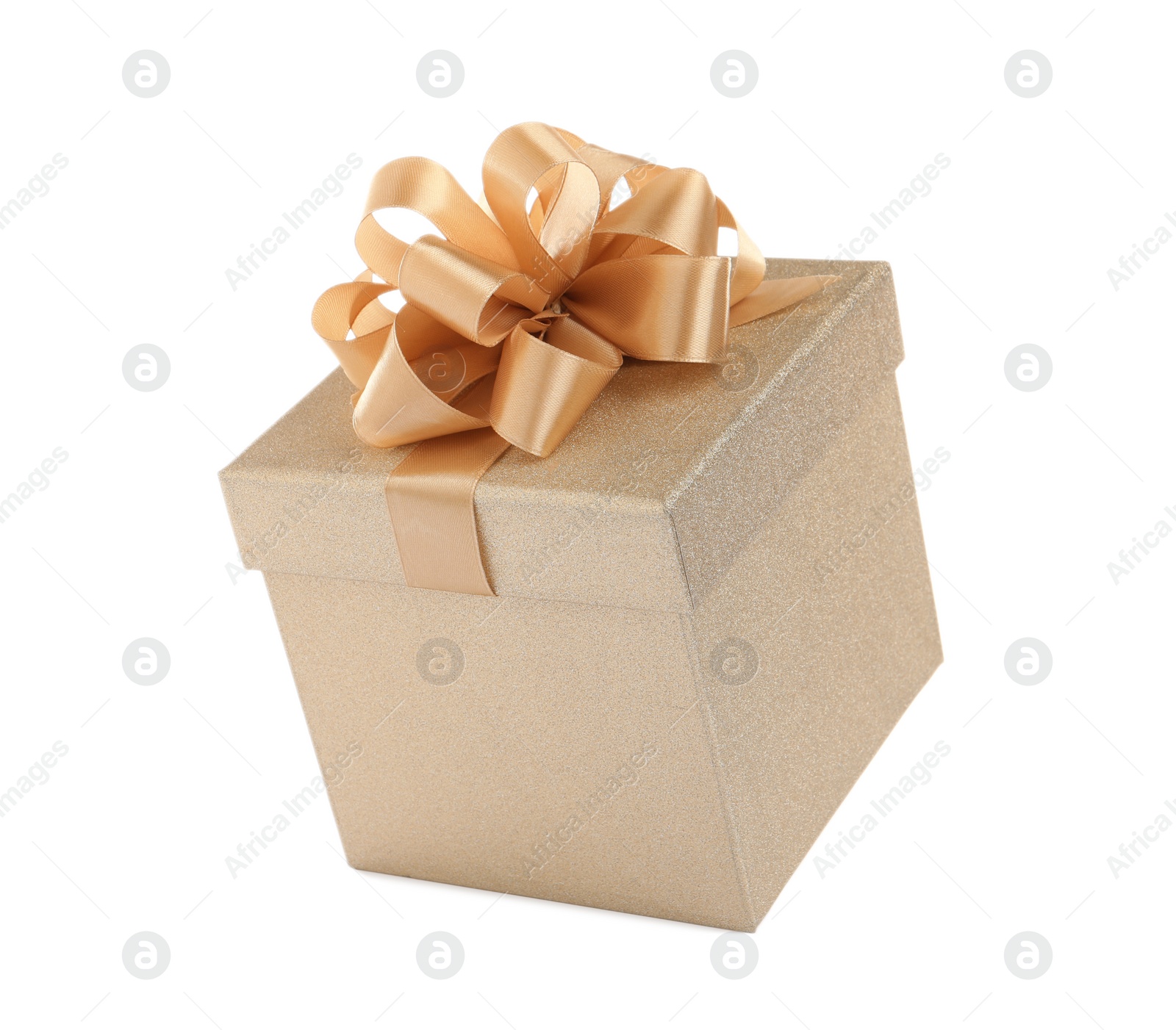 Photo of Beautiful golden gift box on white background