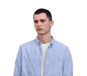 Photo of Portrait of sad man on white background