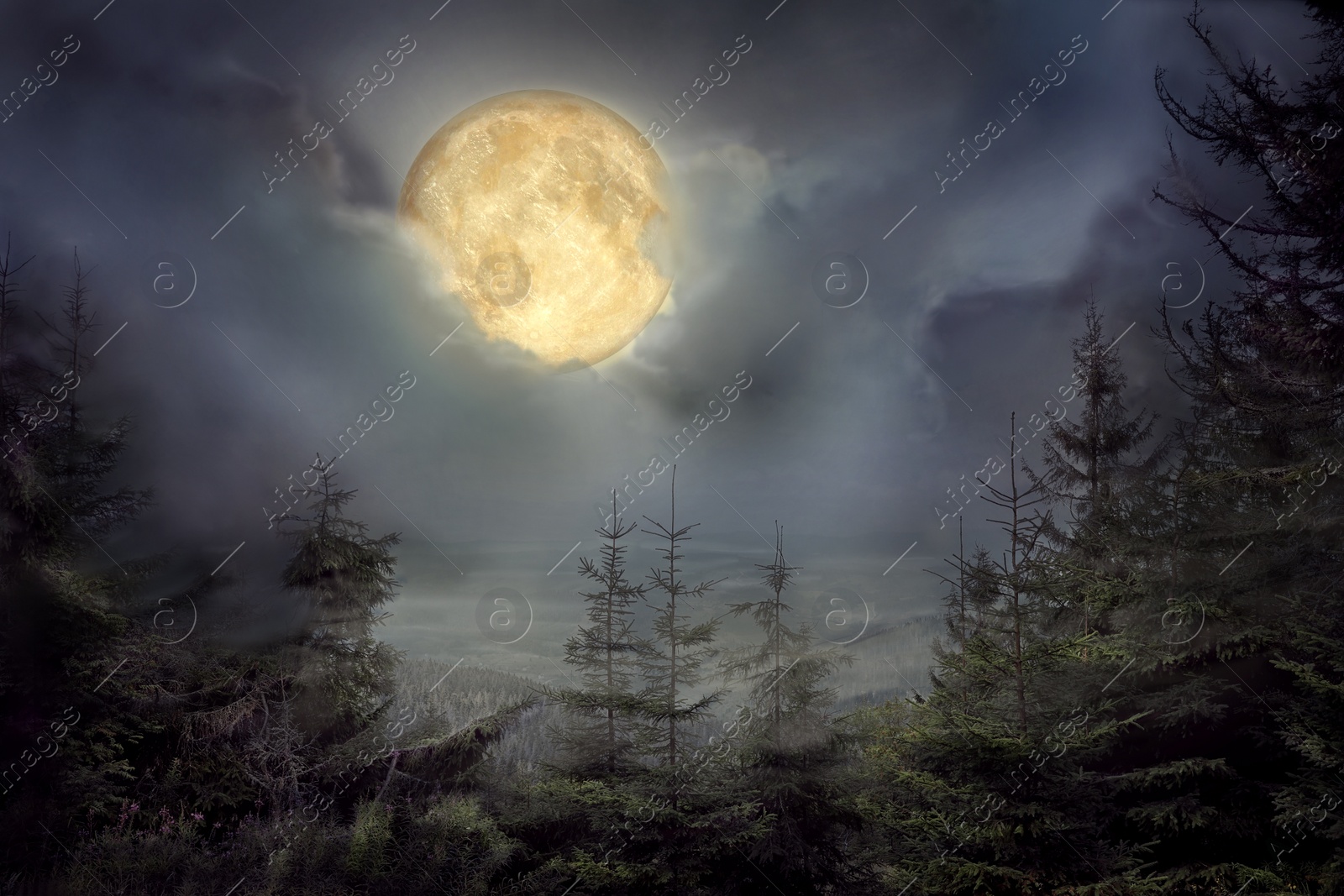 Image of Beautiful landscape with full moon in night sky