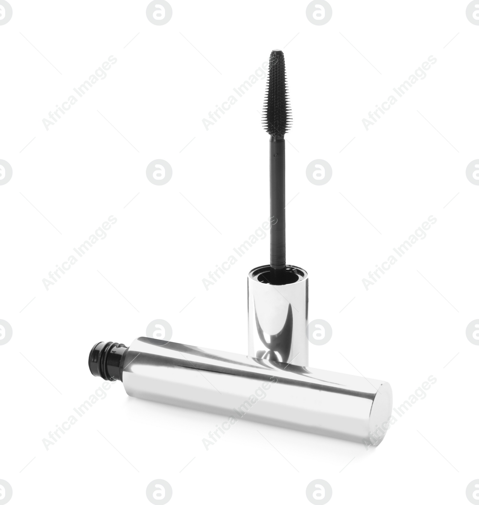 Photo of Mascara for eyelashes on white background. Makeup product