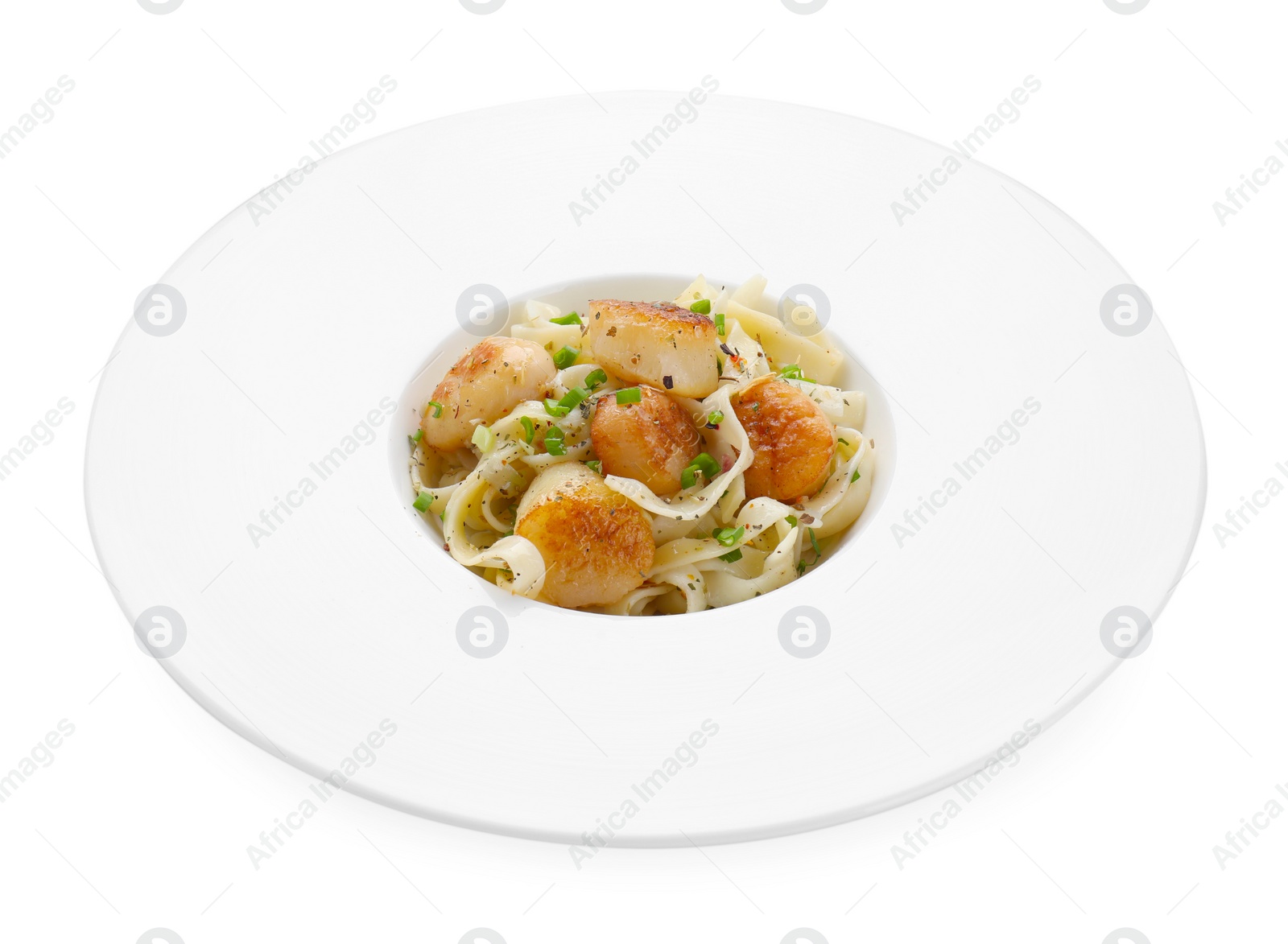 Photo of Delicious scallop pasta with spices isolated on white