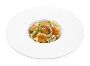 Delicious scallop pasta with spices isolated on white