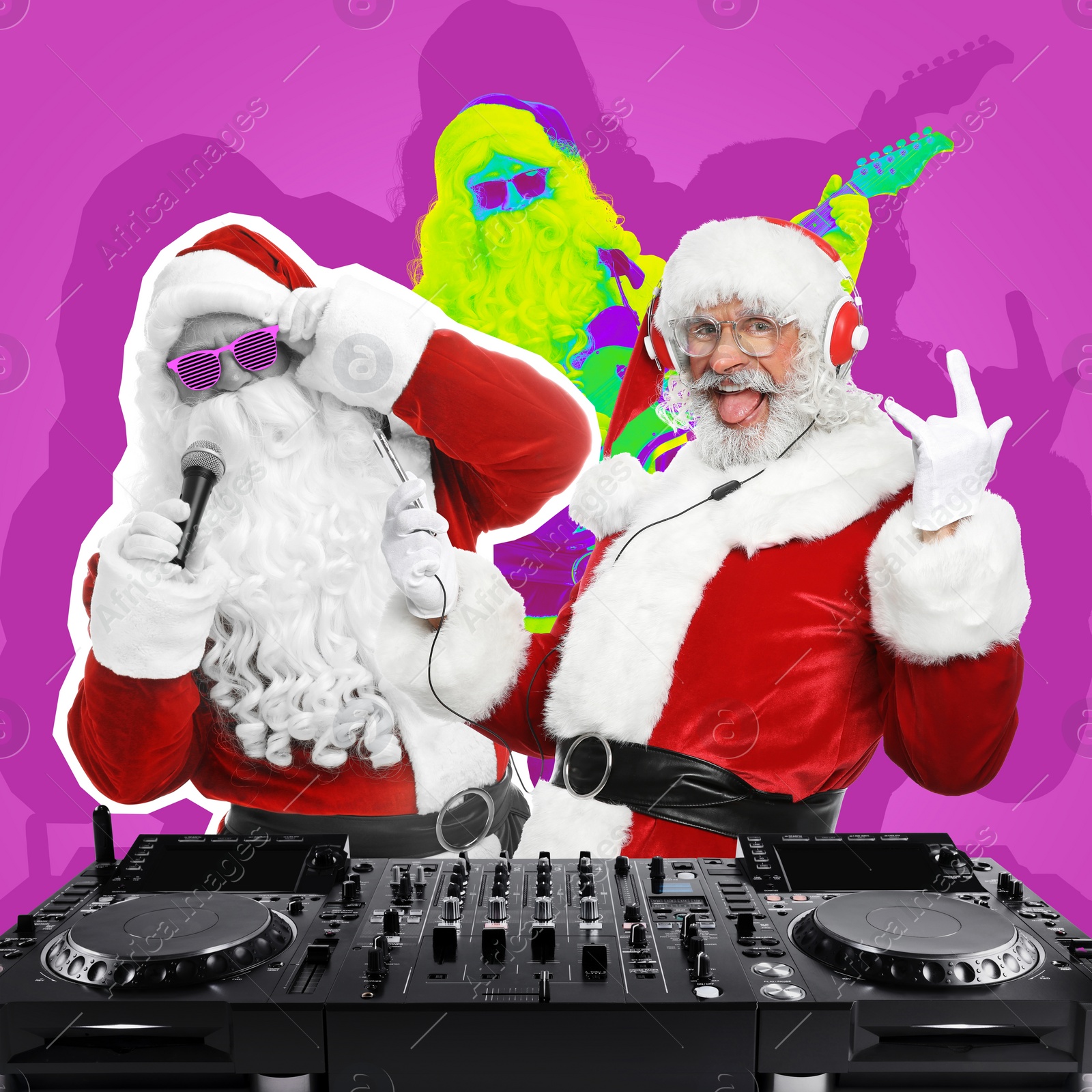 Image of Winter holidays bright artwork. Santa Clauses playing music at DJ controller against color background, creative collage