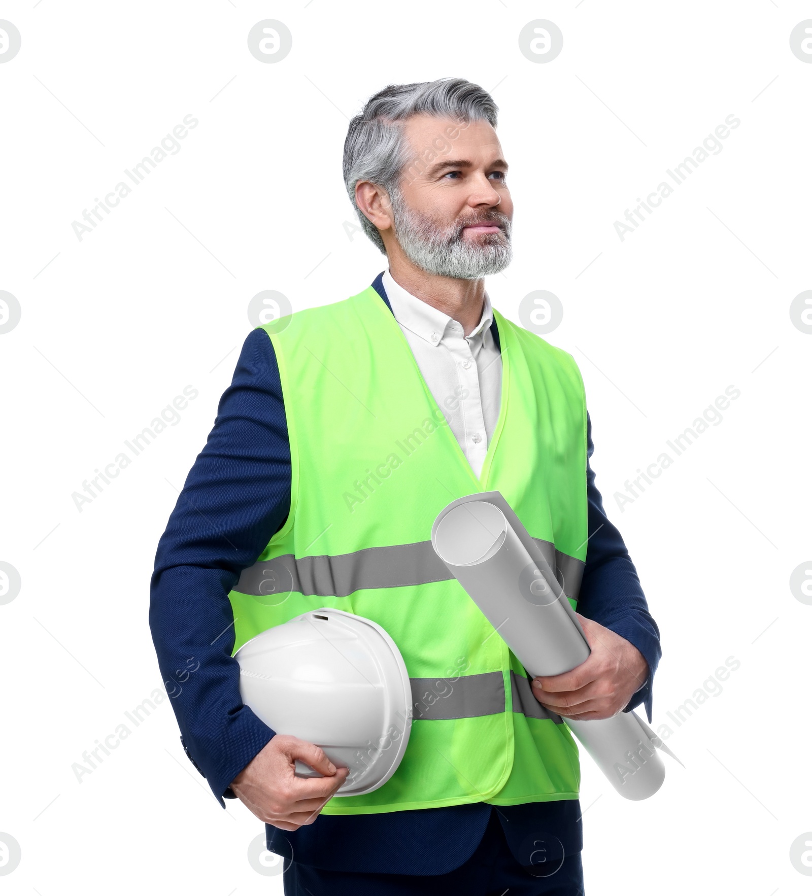 Photo of Architect with hard hat and draft on white background