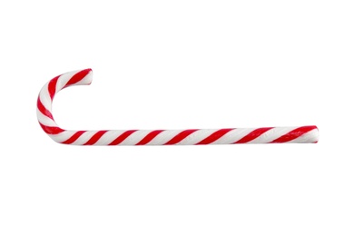 Photo of Candy cane on white background, top view. Traditional Christmas treat