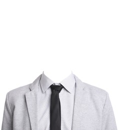 Image of Outfit replacement template for passport photo or other documents. Office jacket, shirt and necktie isolated on white