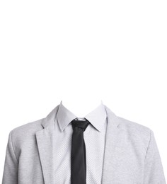 Outfit replacement template for passport photo or other documents. Office jacket, shirt and necktie isolated on white