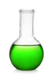 Florence flask with color liquid isolated on white. Solution chemistry