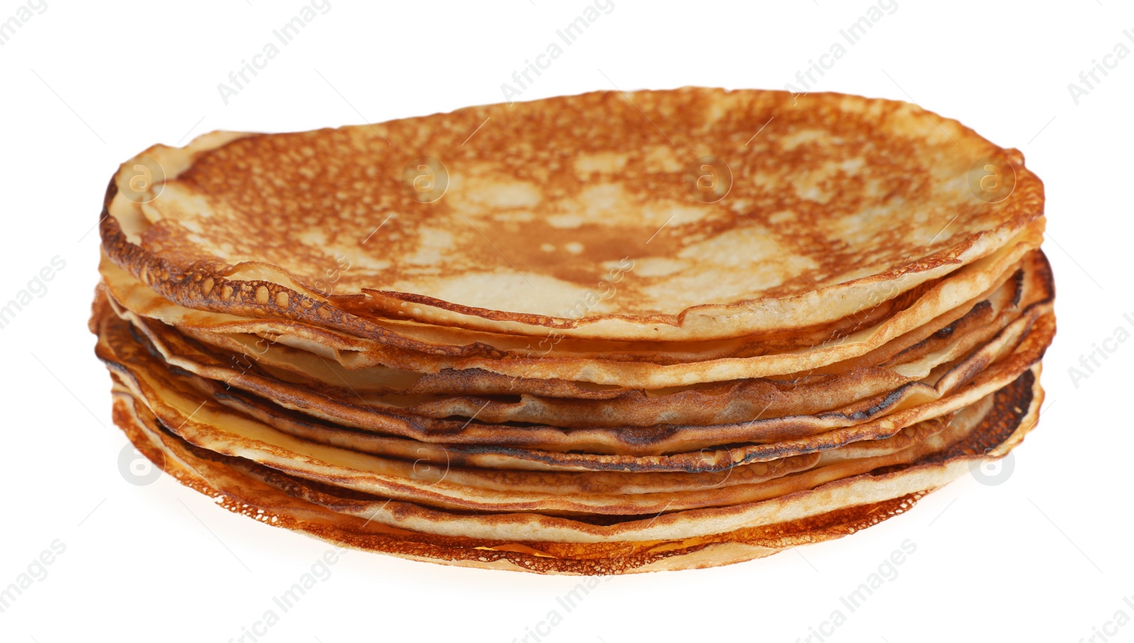 Photo of Stack of delicious crepes on white background