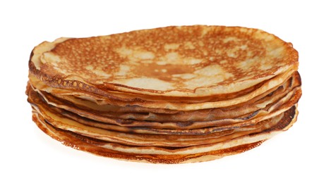 Photo of Stack of delicious crepes on white background