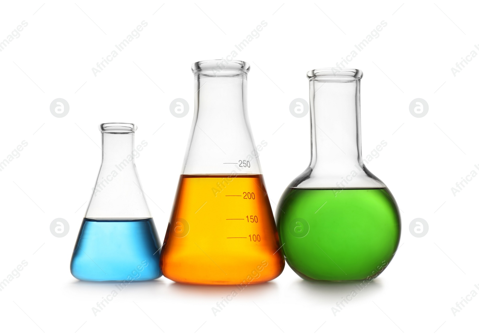 Photo of Chemistry glassware with color samples isolated on white