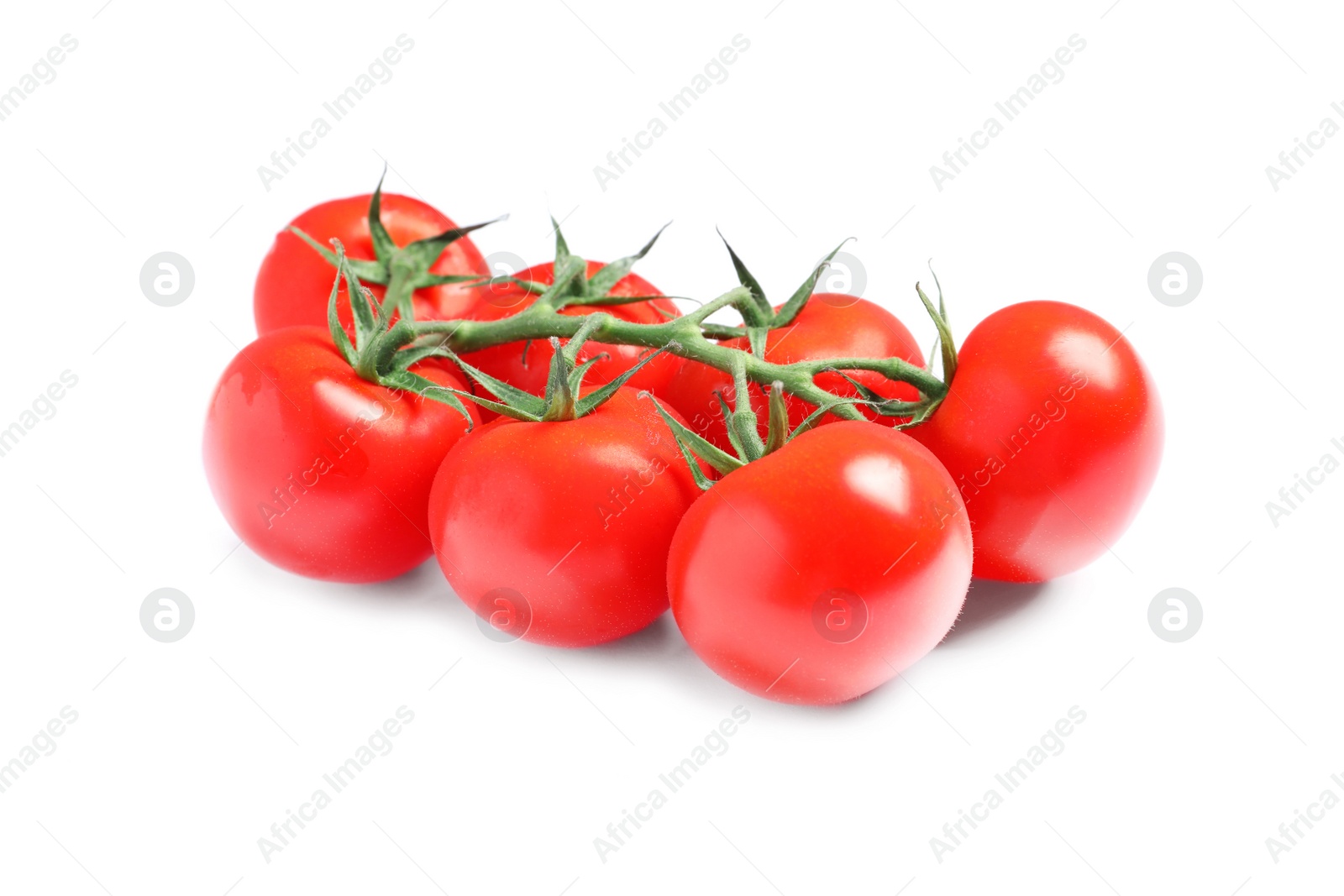 Photo of Branch of fresh cherry tomatoes isolated on white