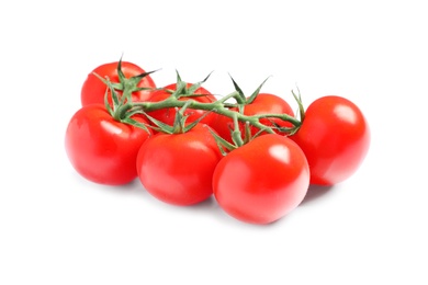 Photo of Branch of fresh cherry tomatoes isolated on white