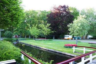 Photo of Park with beautiful plants and water canal on sunny day. Spring season