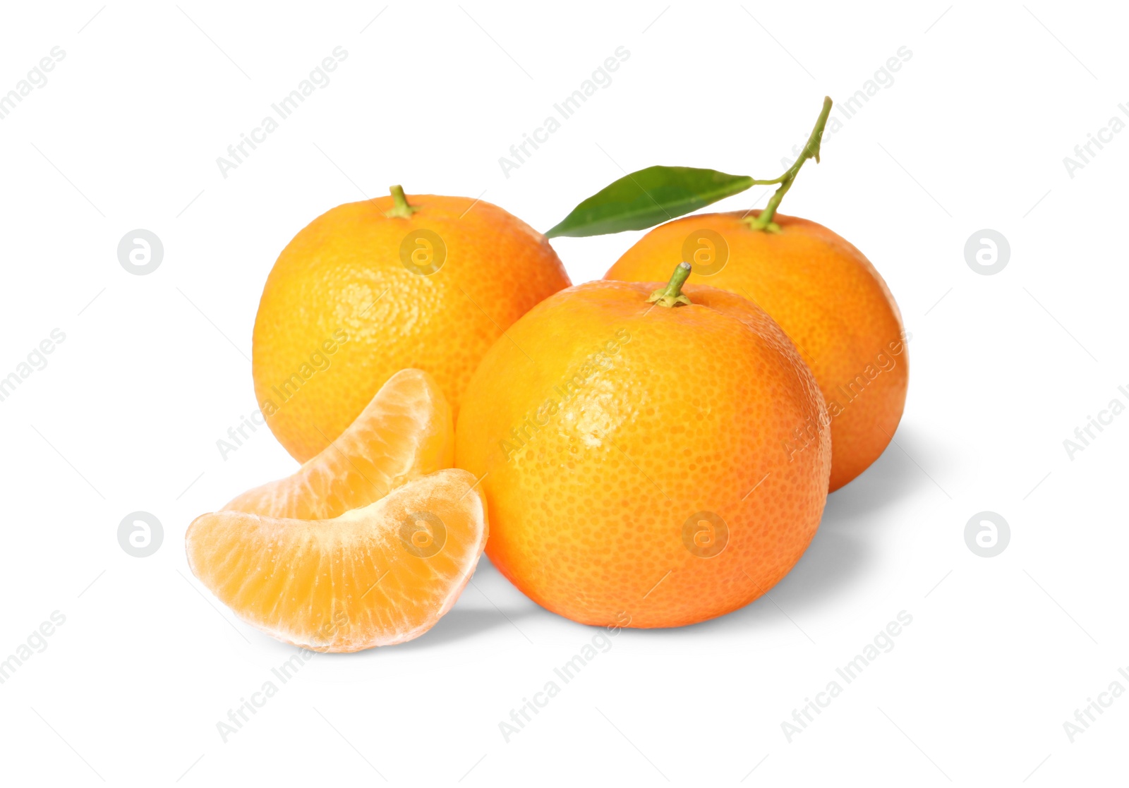 Photo of Fresh ripe juicy tangerines with green leaf isolated on white