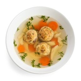 Photo of Bowl of Jewish matzoh balls soup isolated on white, top view