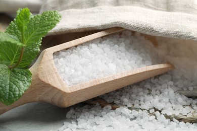Photo of Wooden scoop with natural sea salt, sack and mint on light grey marble table, closeup
