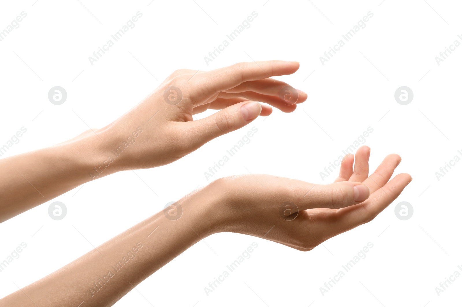 Photo of Woman with beautiful hands on white background, closeup