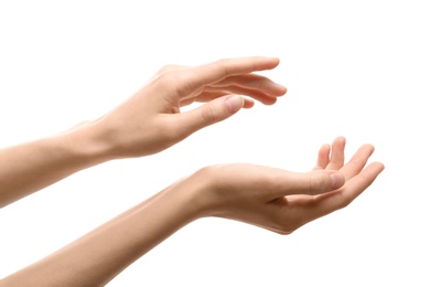 Photo of Woman with beautiful hands on white background, closeup