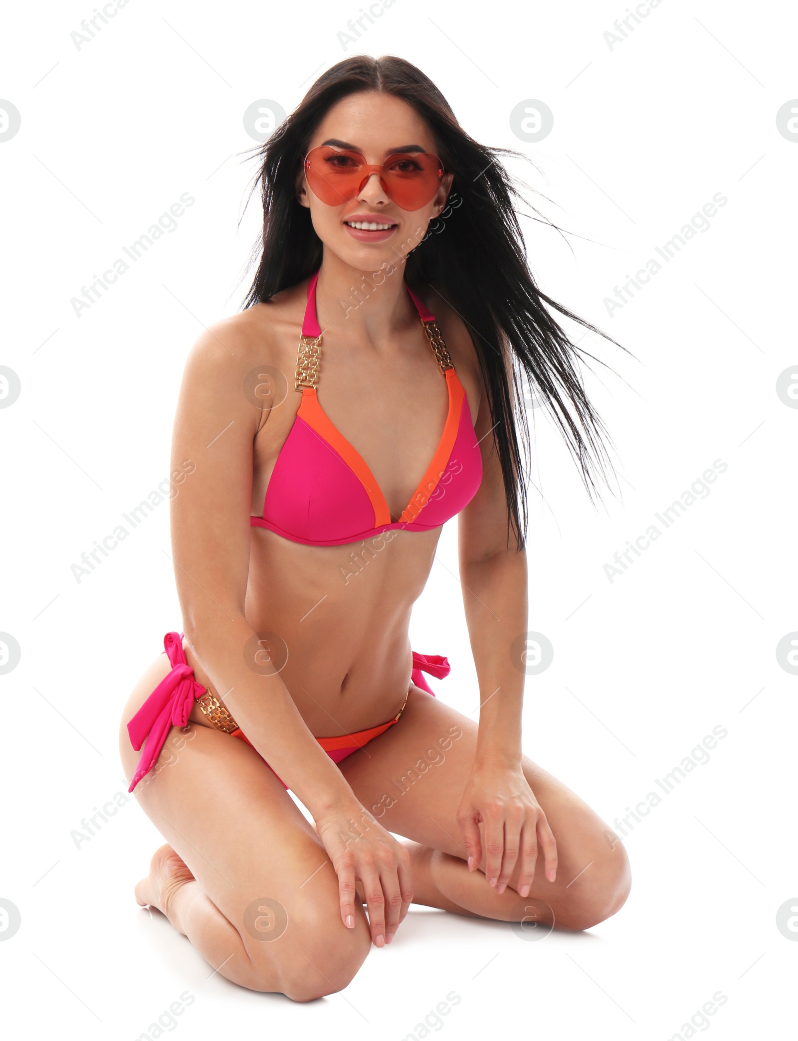 Photo of Beautiful young woman in stylish bikini with sunglasses on white background