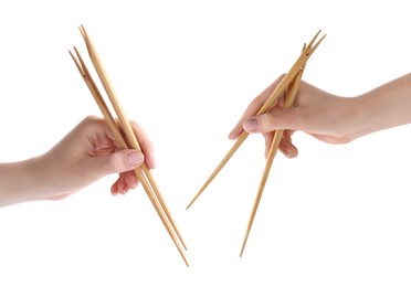 Woman holding chopsticks isolated on white, closeup. Collage with photos