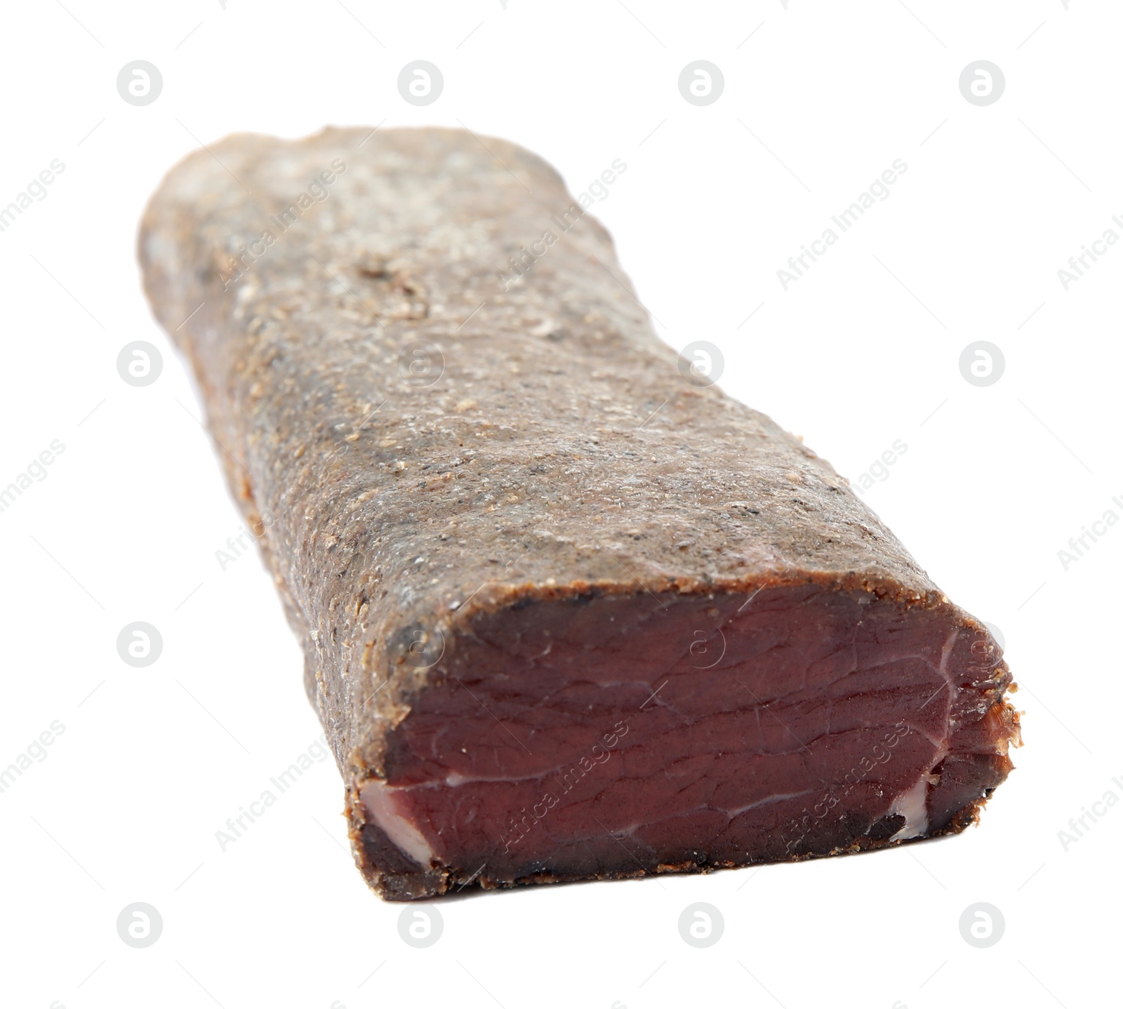 Photo of Delicious dry-cured beef basturma isolated on white