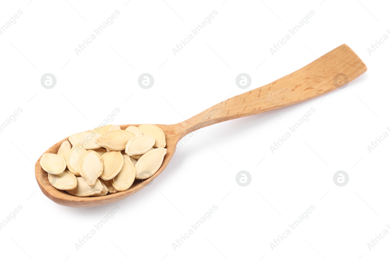 Photo of Wooden spoon with pumpkin seeds isolated on white