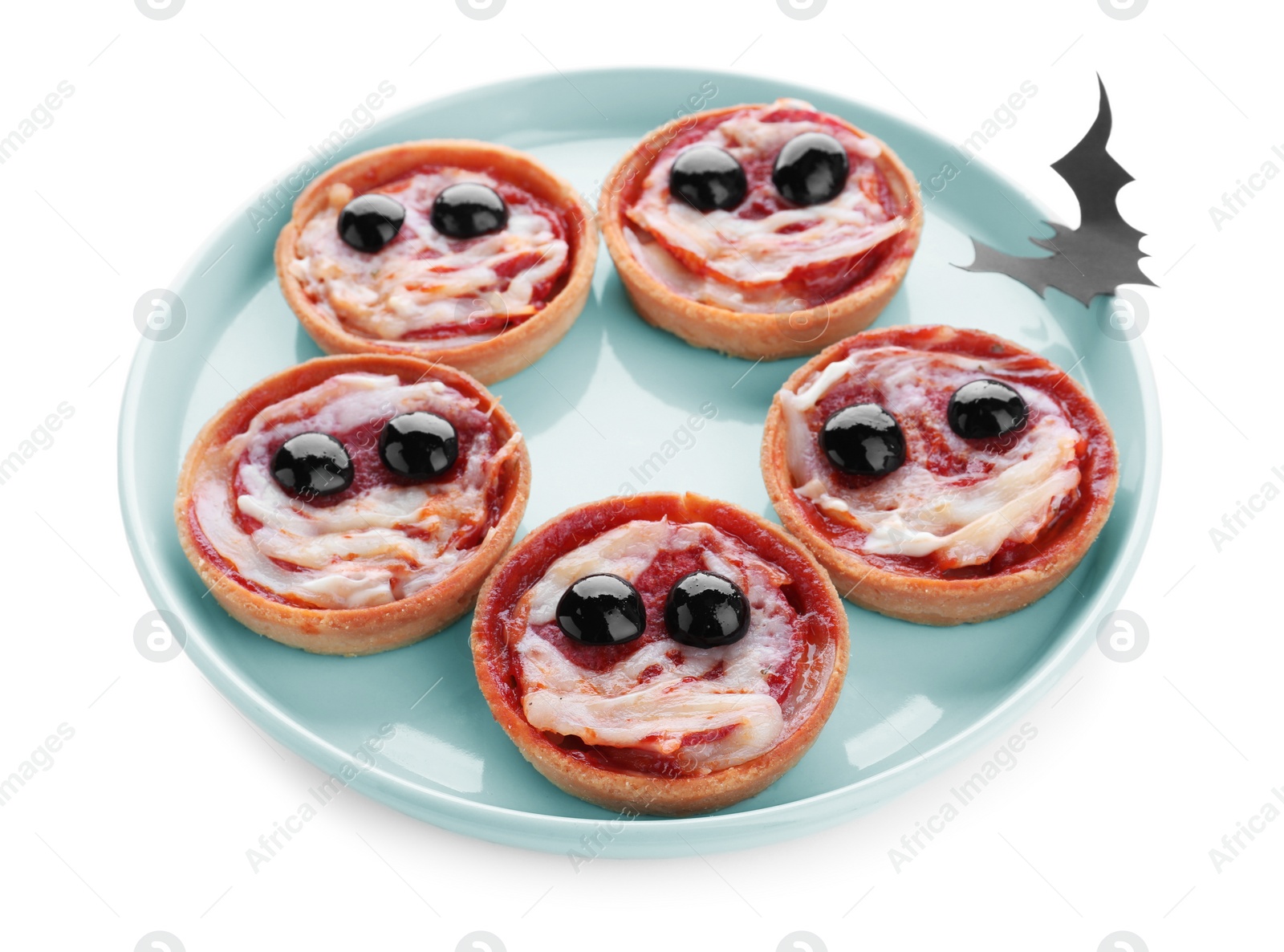 Photo of Cute monster tartlets on white background. Halloween party food