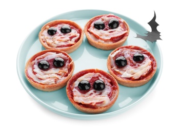 Photo of Cute monster tartlets on white background. Halloween party food