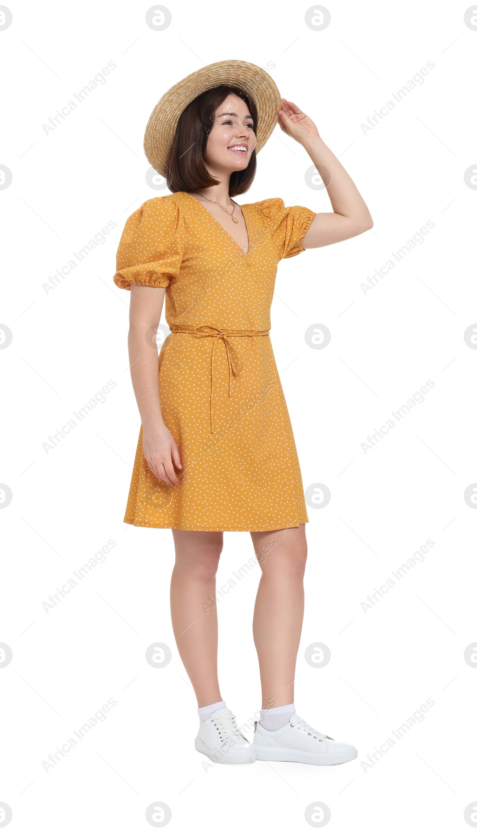Photo of Happy woman in straw hat on white background