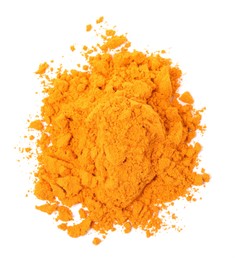 Photo of Heap of saffron powder on white background, top view