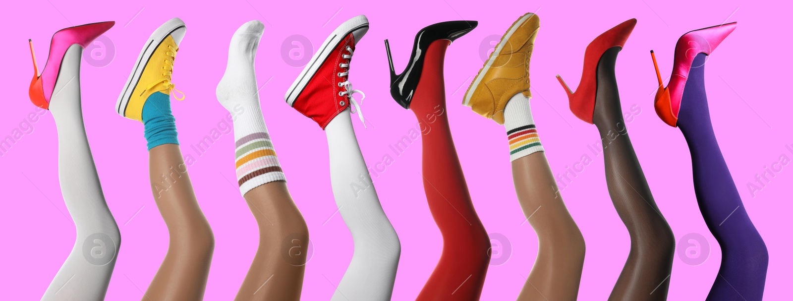 Image of Collage with photos of women showing fashionable collections of stylish shoes, tights and socks on pink background , closeup view of legs. Banner design