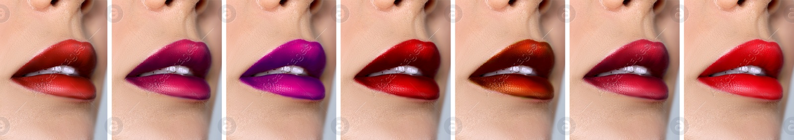 Image of Collage with photos of woman applying different beautiful lipsticks, closeup. Banner design