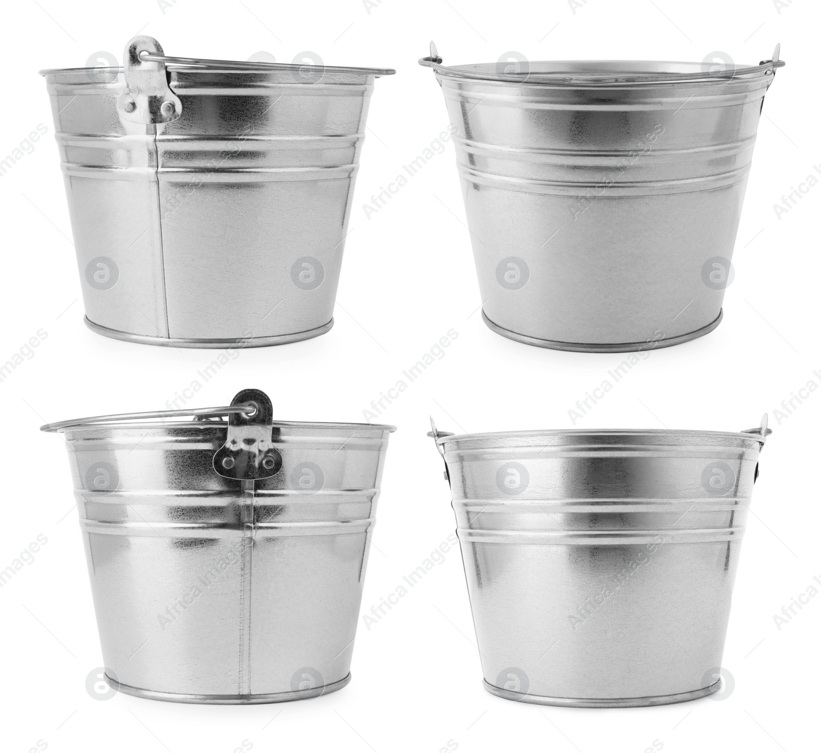 Image of Shiny metal buckets isolated on white, set